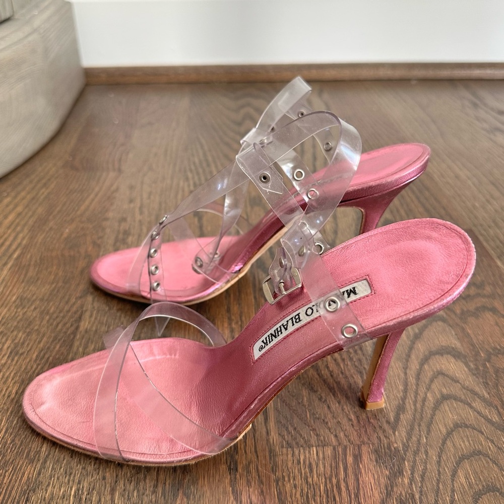 Manolo Blahnik Pink Metallic Leather Sandals with Clear PVC Straps 36.5 - Picture 2 of 5